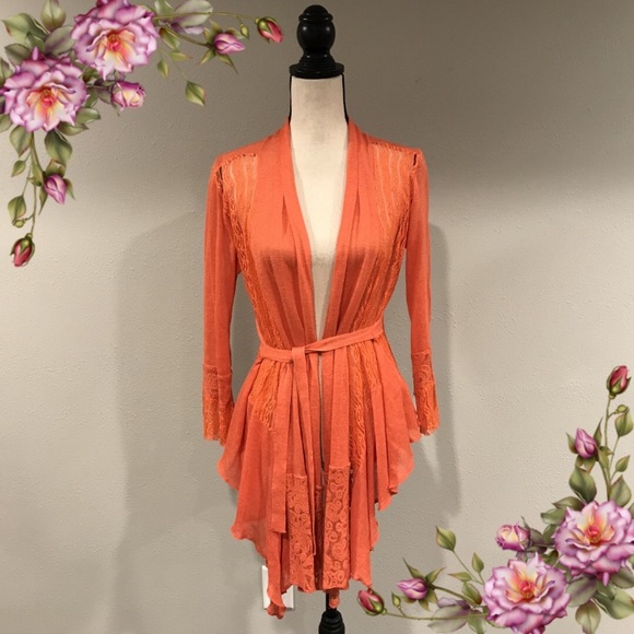 BKE Sweaters - BKE Cute orange lace cardigan with belt
